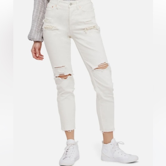 Free People Lacey Stilt Sz 27 Cream Denim Button Fly Distressed Jeans - Picture 3 of 12